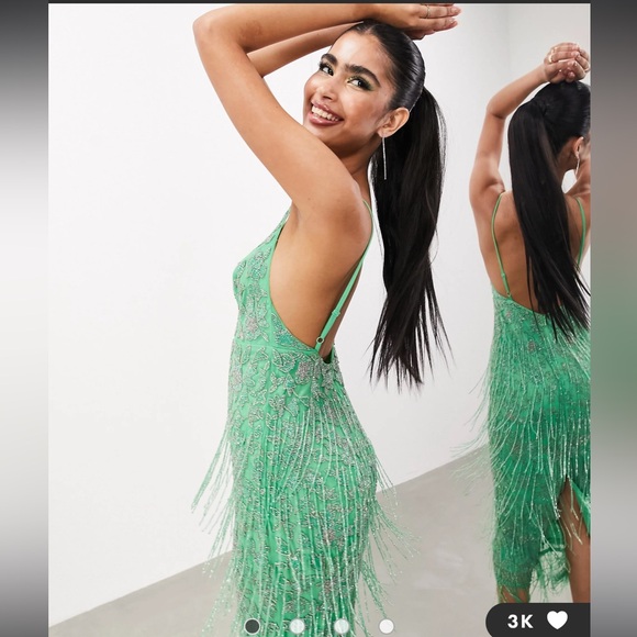 ASOS EDITION floral midi dress with beaded fringe in green SIZE 14 - Picture 3 of 11